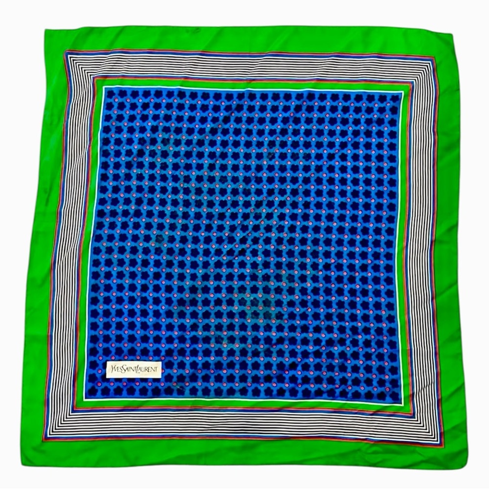 YVES SAINT LAURENT YSL Silk Green & Blue 33” Square Scarf